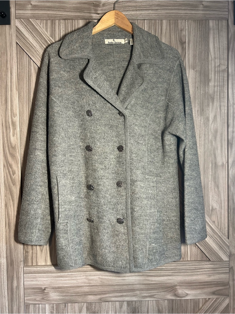 Andre Christian 100% Wool Gray Double Breasted Peacoat Jacket L Hand Metier